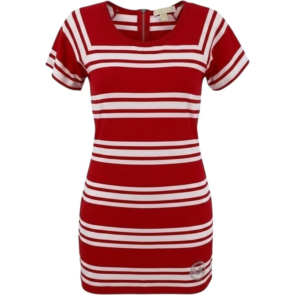Michael Kors Women S Red White Striped Rhinestone Logo Zip Back T-Shirt Dress